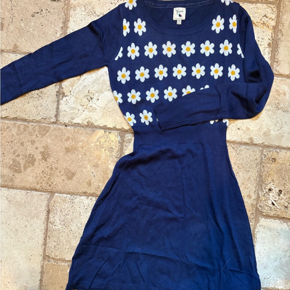 Women's Long Sleeve Floral Sweater Dress - Blue